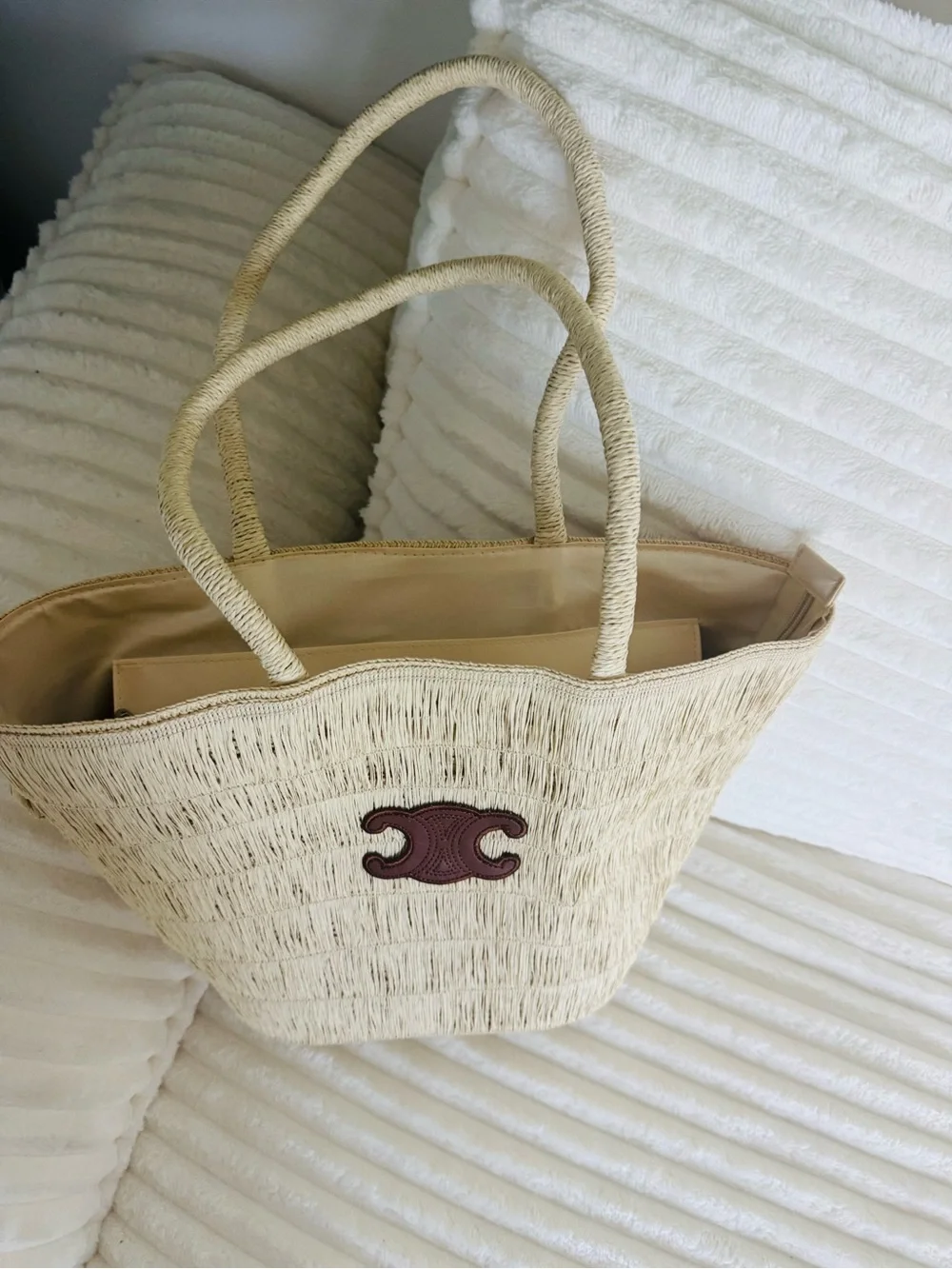 Woven Straw Tote Bag with Brown Logo Accent